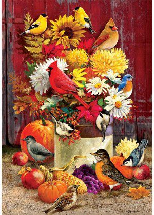 Colorful Autumn Songbirds Flag | Fall, Bird, Floral, Decorative, Flag