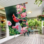 Cardinal with Variegated Roses House Flag Image