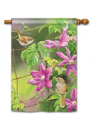 Wren with Purple Clematis House Flag | Bird, Floral, House, Flags