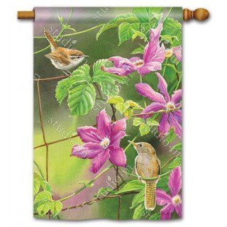 Wren with Purple Clematis House Flag | Bird, Floral, House, Flags