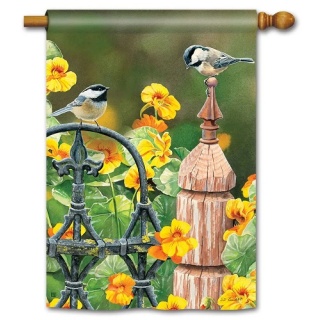 Chickadee Fence Post House Flag | Floral, Bird, Yard, House, Flag