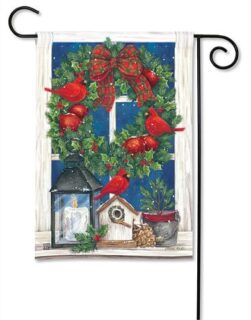 Wreath in the Window Garden Flag | Winter, Bird, Garden, Flags