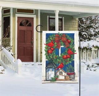 Wreath in the Window Garden Flag | Winter, Bird, Garden, Flags