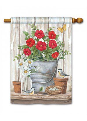 Bucket of Blooms House Flag | Floral, Bird, Outdoor, House, Flags