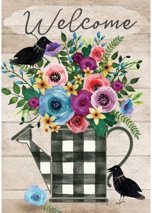Gingham Watering Can Flag | Welcome, Spring, Floral, Bird, Flags