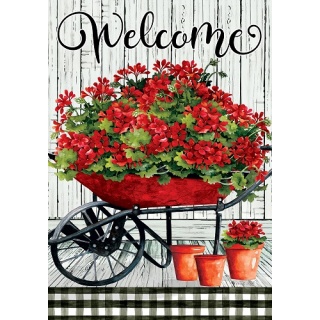 Geranium Wheelbarrow Flag | Welcome, Spring, Floral, Cool, Flags
