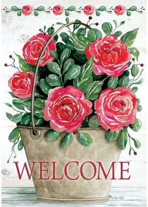Rose Bucket Flag | Decorative, Welcome, Spring, Floral, Cool, Flag