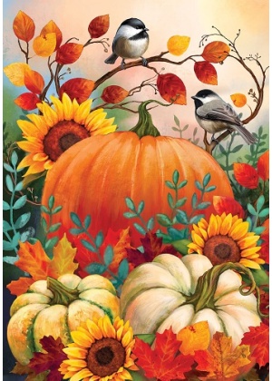 Pumpkins & Chickadees Flag | Fall Flags | Bird Flags | Garden Flag